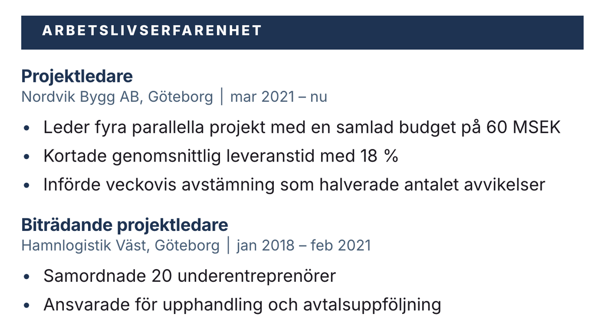 Gratis CV-mall Fasad – närbild på arbetslivserfarenheten med datum, arbetsgivare och punktlistor