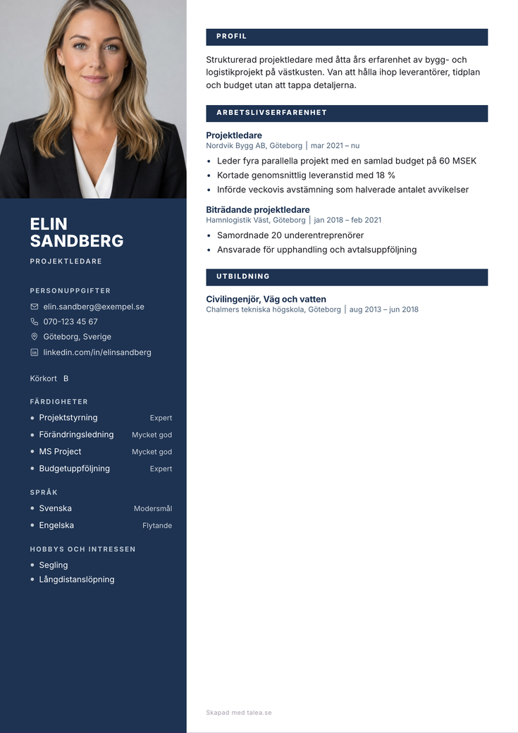 Gratis CV-mall Fasad – Fotot fyller spaltens topp, namnet under det — satsytan börjar högst upp.