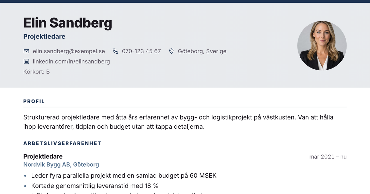 Gratis CV-mall Fond – närbild på huvudet med foto, namn, yrkesroll och kontaktuppgifter
