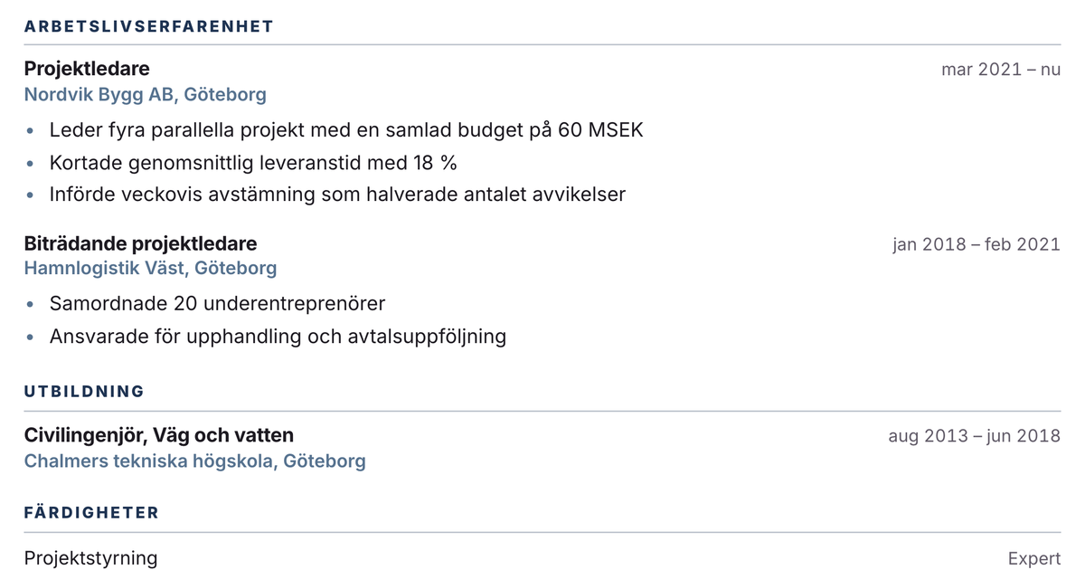 Gratis CV-mall Fond – närbild på arbetslivserfarenheten med datum, arbetsgivare och punktlistor