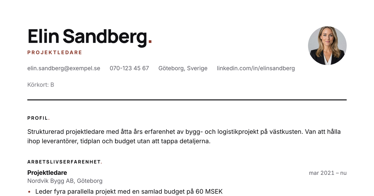 Gratis CV-mall Grotesk – närbild på huvudet med foto, namn, yrkesroll och kontaktuppgifter