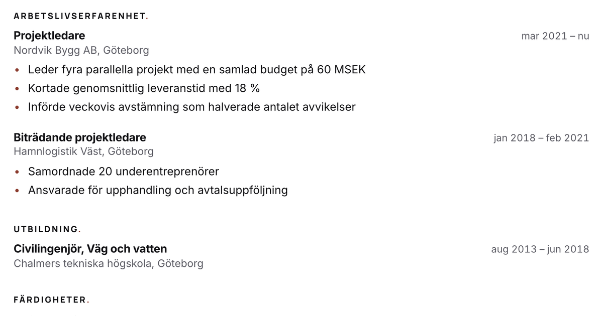Gratis CV-mall Grotesk – närbild på arbetslivserfarenheten med datum, arbetsgivare och punktlistor