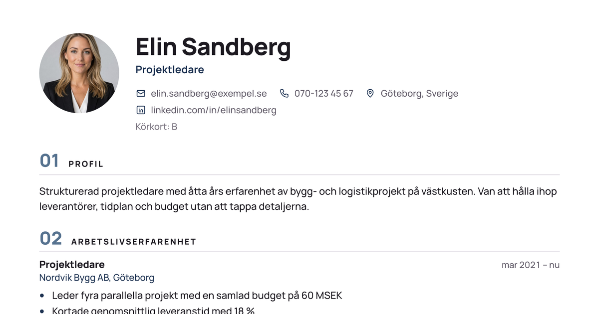 Gratis CV-mall Kapitel – närbild på huvudet med foto, namn, yrkesroll och kontaktuppgifter