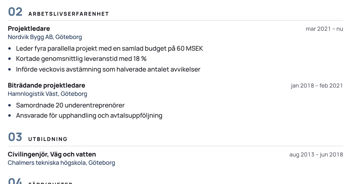 Gratis CV-mall Kapitel – närbild på arbetslivserfarenheten med datum, arbetsgivare och punktlistor