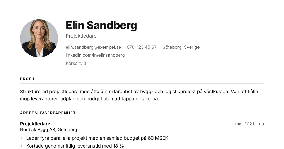 Gratis CV-mall Klar – närbild på huvudet med foto, namn, yrkesroll och kontaktuppgifter