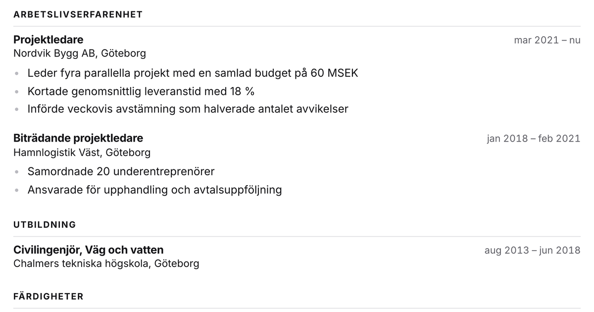 Gratis CV-mall Klar – närbild på arbetslivserfarenheten med datum, arbetsgivare och punktlistor