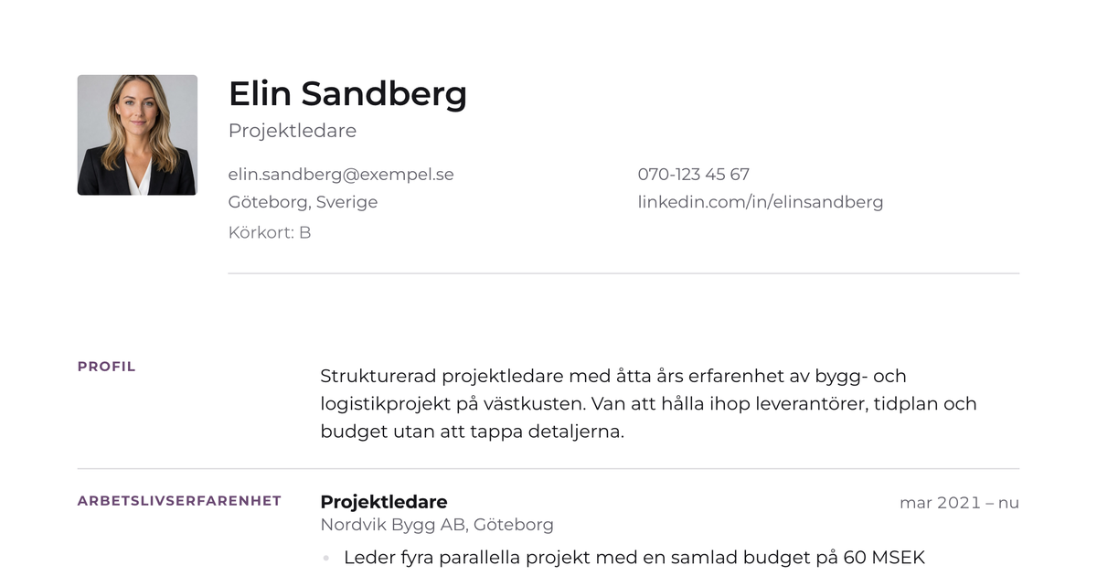 Gratis CV-mall Kontor – närbild på huvudet med foto, namn, yrkesroll och kontaktuppgifter