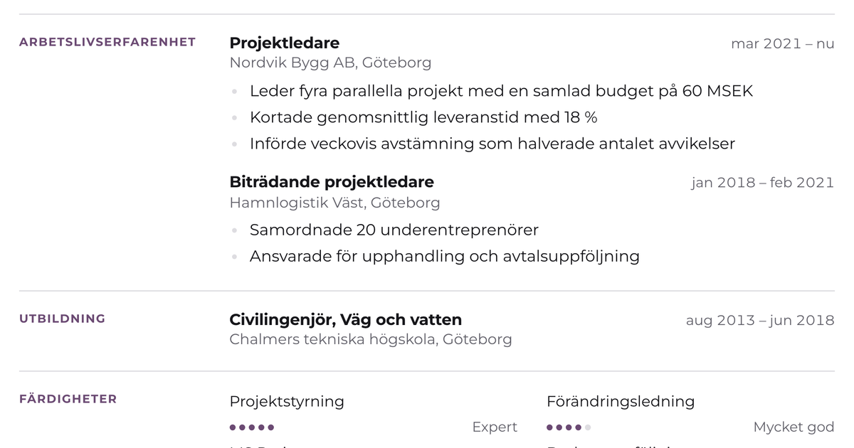 Gratis CV-mall Kontor – närbild på arbetslivserfarenheten med datum, arbetsgivare och punktlistor