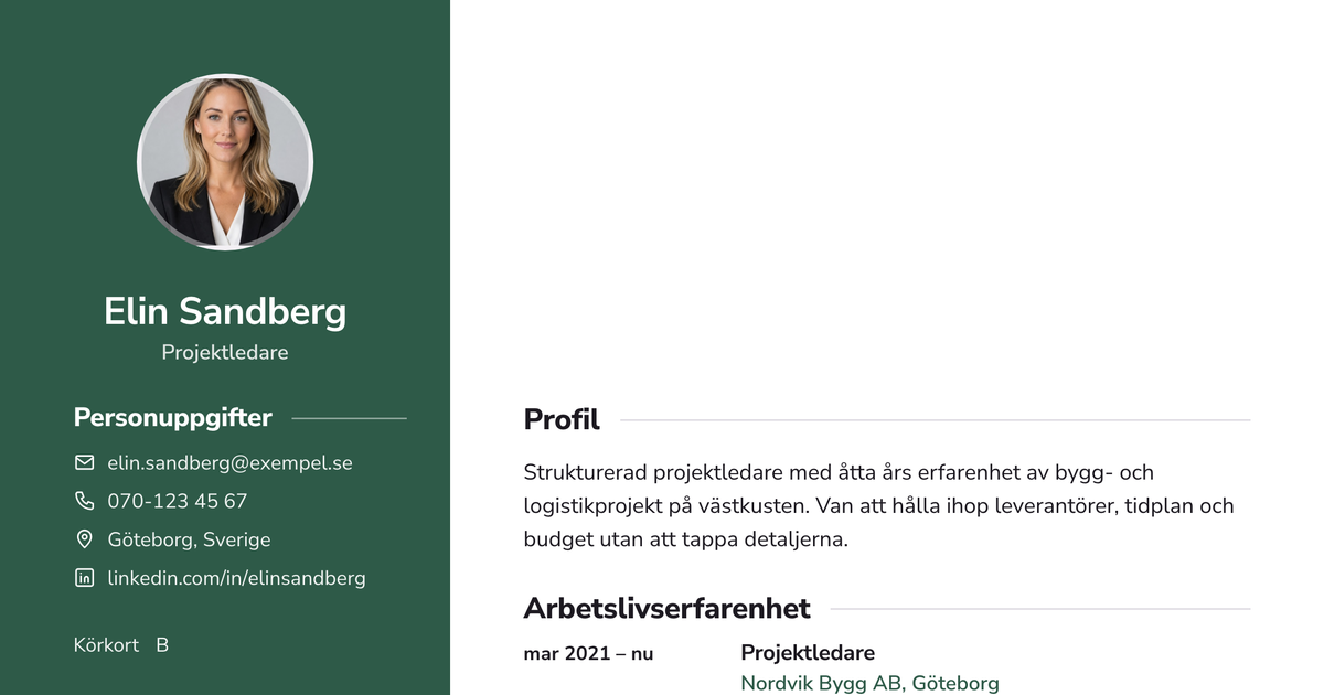 Gratis CV-mall Modern – närbild på huvudet med foto, namn, yrkesroll och kontaktuppgifter
