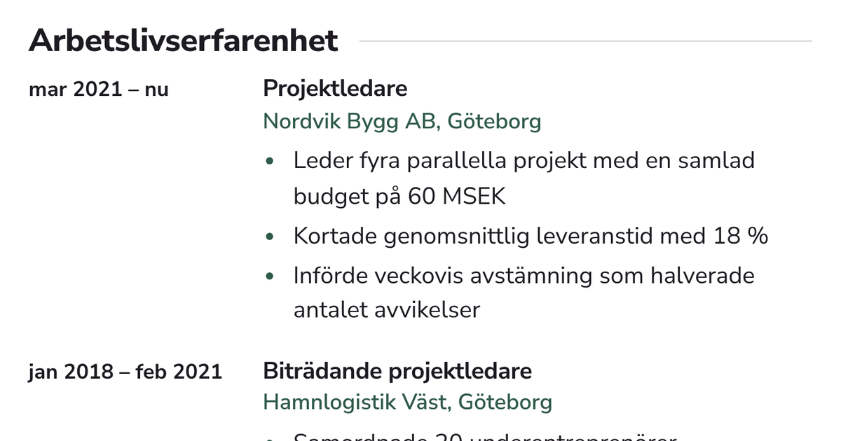 Gratis CV-mall Modern – närbild på arbetslivserfarenheten med datum, arbetsgivare och punktlistor