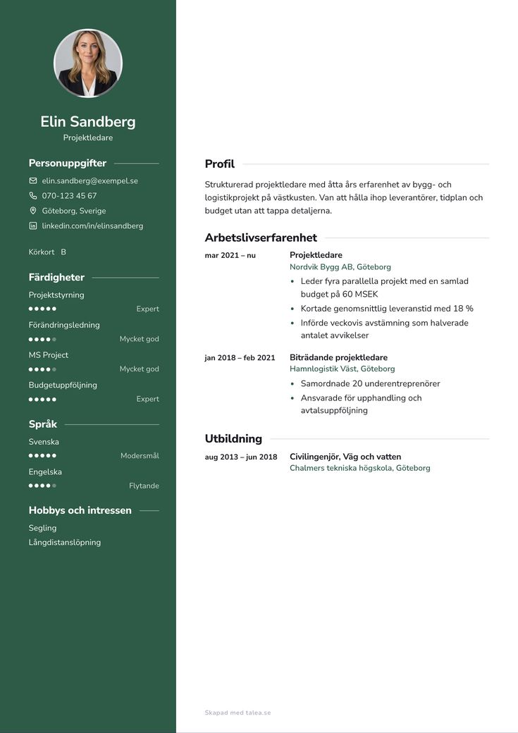 Gratis CV-mall Modern – Mättad färgspalt och rubriker med sidolinje.