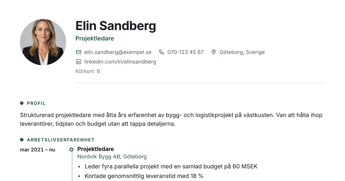 Gratis CV-mall Pärla – närbild på huvudet med foto, namn, yrkesroll och kontaktuppgifter