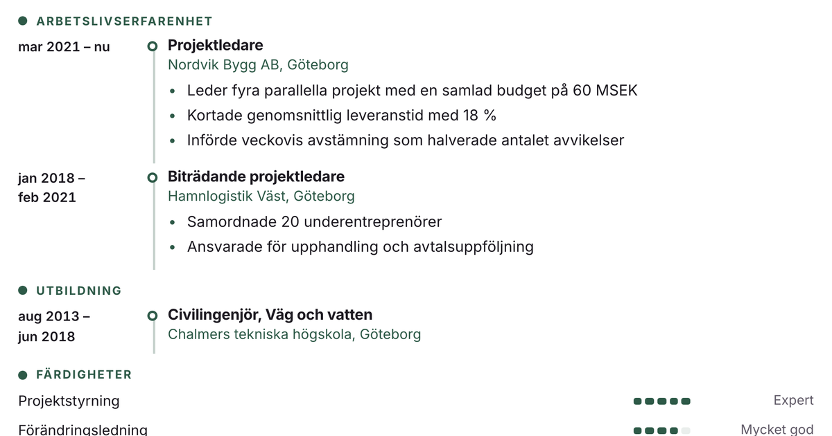 Gratis CV-mall Pärla – närbild på arbetslivserfarenheten med datum, arbetsgivare och punktlistor