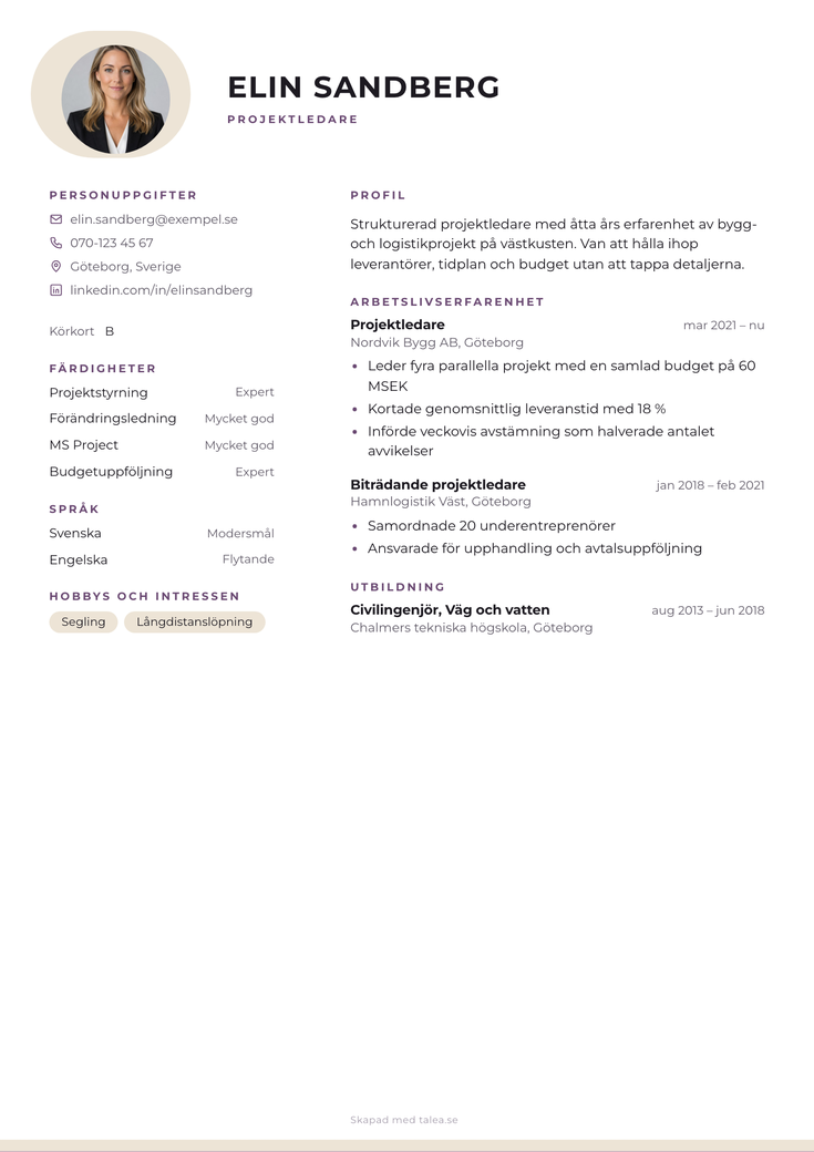Gratis CV-mall Puder – hela A4-sidan