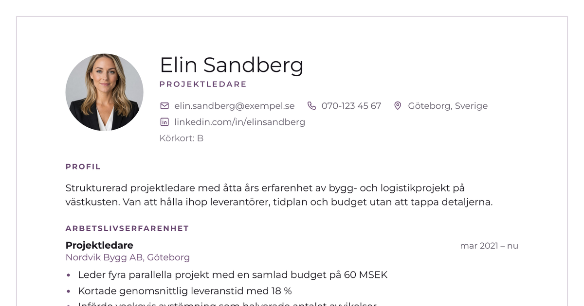 Gratis CV-mall Ram – närbild på huvudet med foto, namn, yrkesroll och kontaktuppgifter