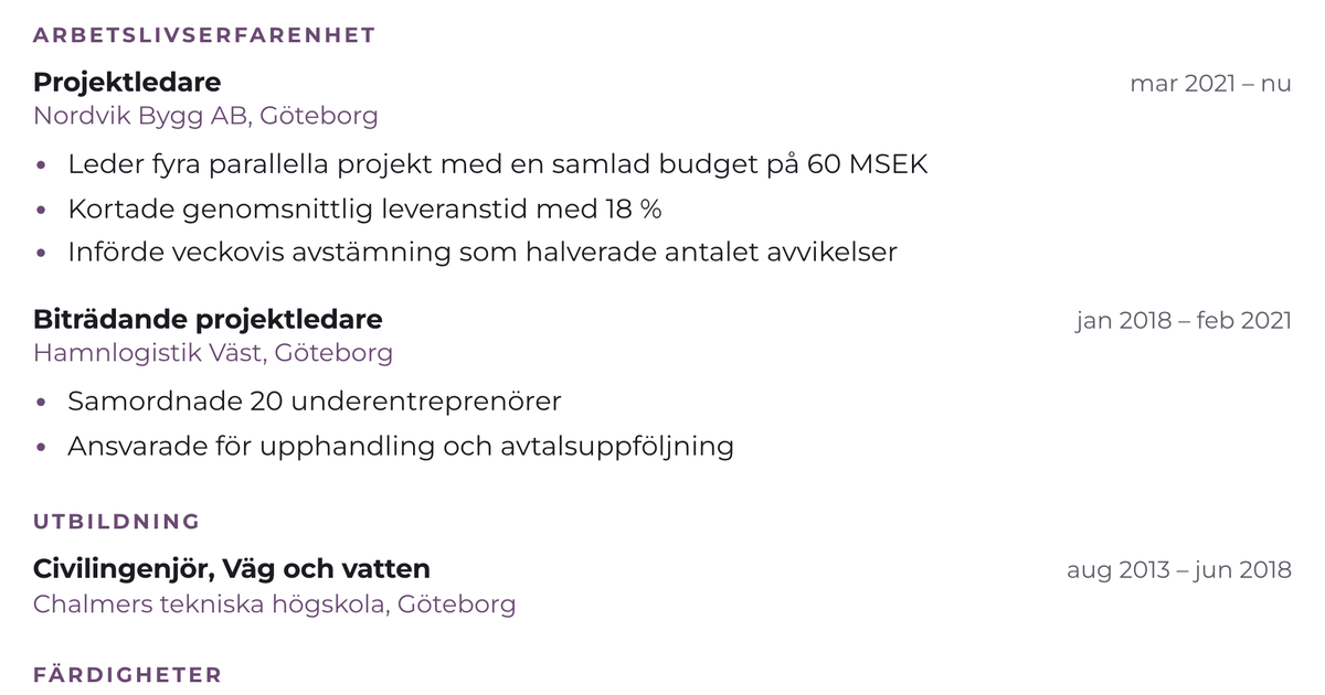Gratis CV-mall Ram – närbild på arbetslivserfarenheten med datum, arbetsgivare och punktlistor
