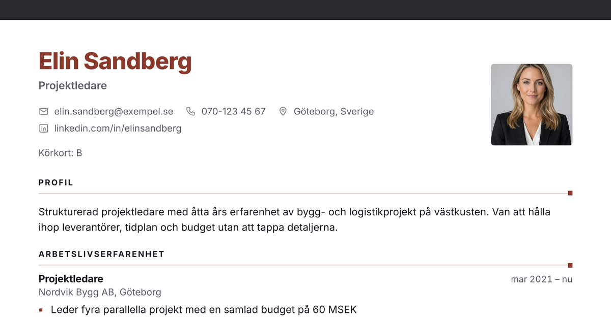 Gratis CV-mall Ribba – närbild på huvudet med foto, namn, yrkesroll och kontaktuppgifter
