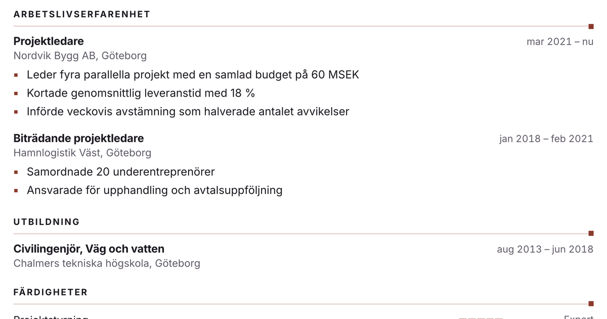 Gratis CV-mall Ribba – närbild på arbetslivserfarenheten med datum, arbetsgivare och punktlistor