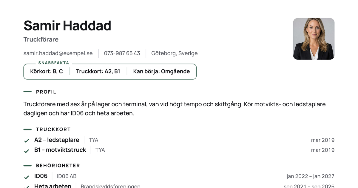 Gratis CV-mall Ruta – närbild på huvudet med foto, namn, yrkesroll och kontaktuppgifter