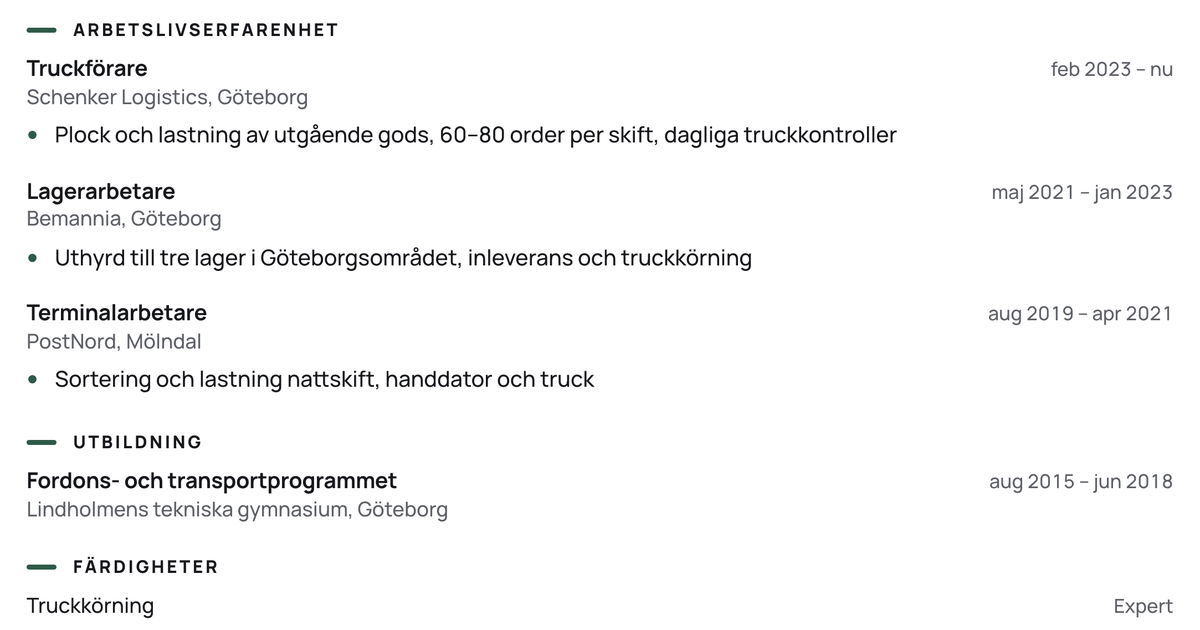 Gratis CV-mall Ruta – närbild på arbetslivserfarenheten med datum, arbetsgivare och punktlistor