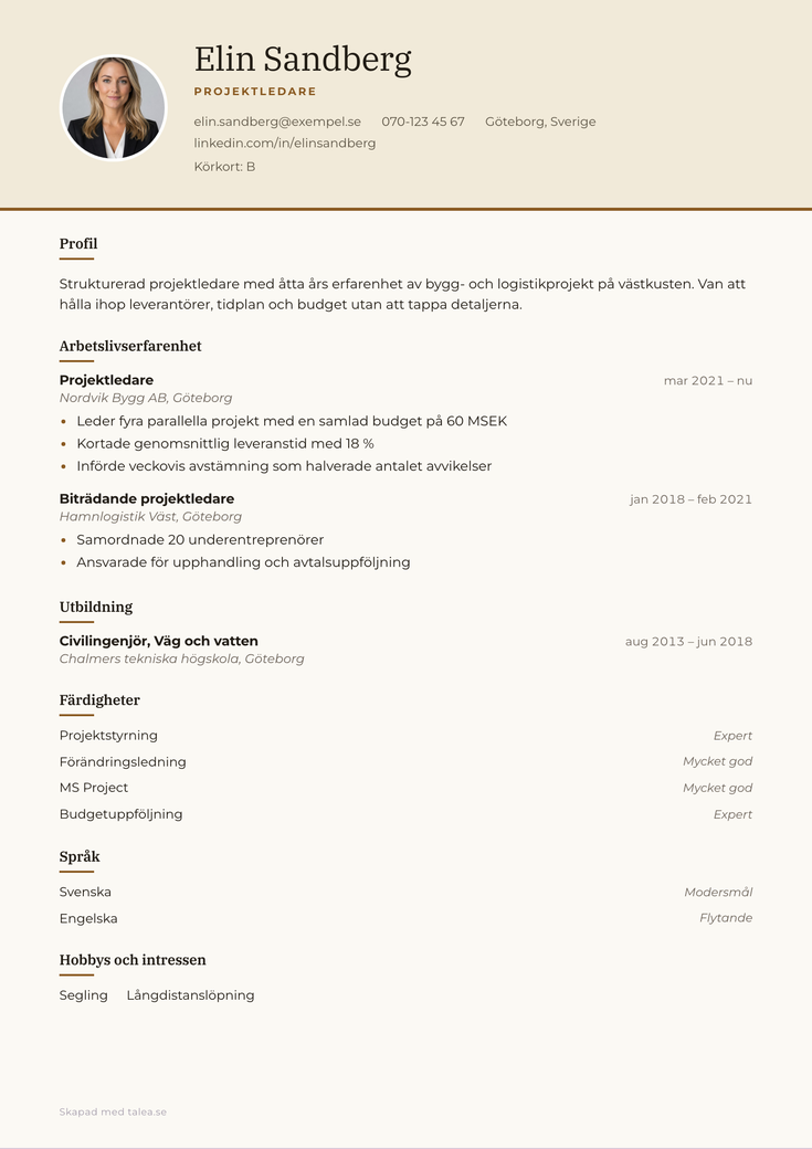 Gratis CV-mall Sand – hela A4-sidan