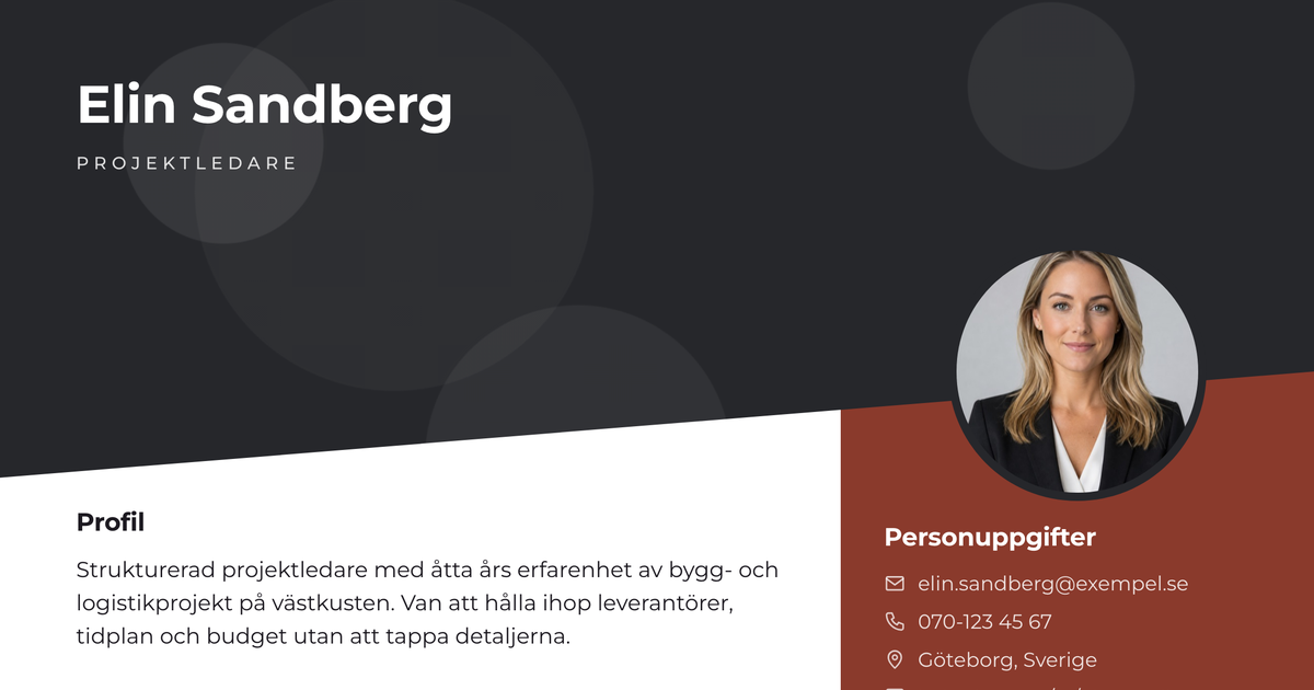 Gratis CV-mall Skrå – närbild på huvudet med foto, namn, yrkesroll och kontaktuppgifter