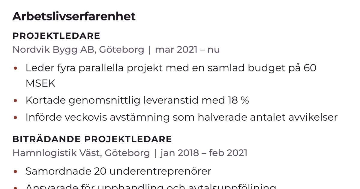Gratis CV-mall Skrå – närbild på arbetslivserfarenheten med datum, arbetsgivare och punktlistor