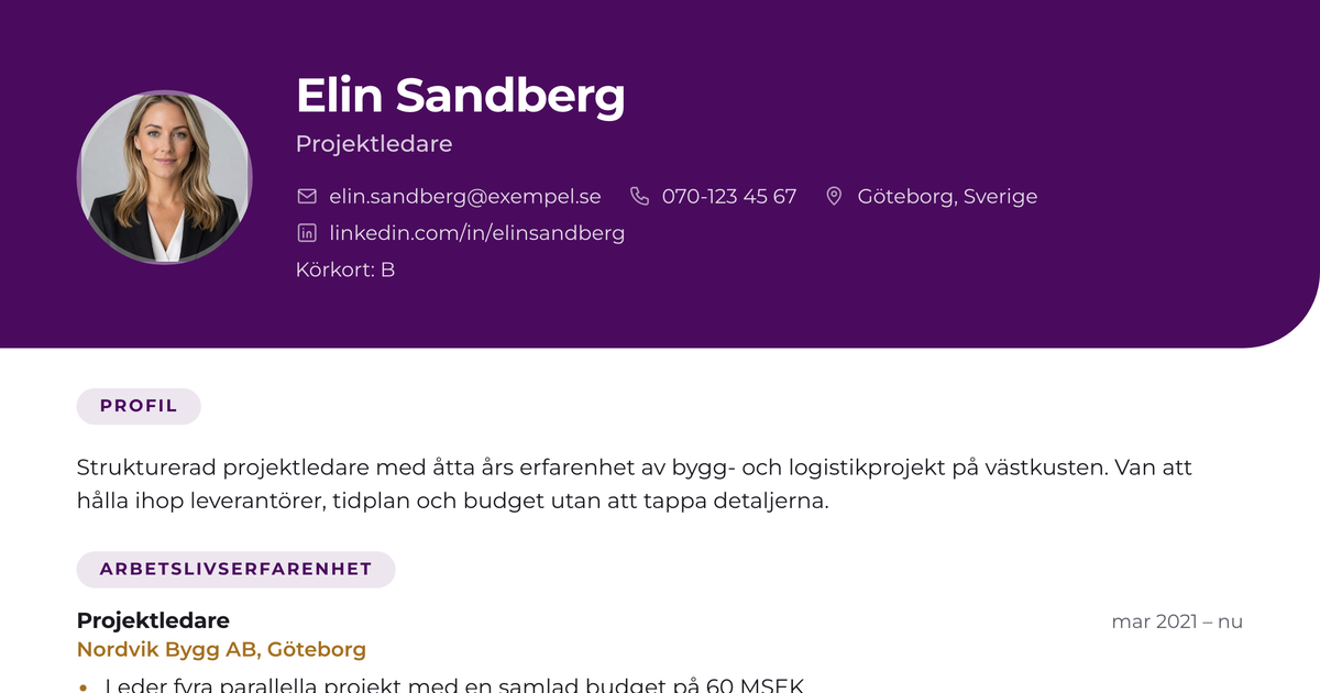 Gratis CV-mall Talea – närbild på huvudet med foto, namn, yrkesroll och kontaktuppgifter