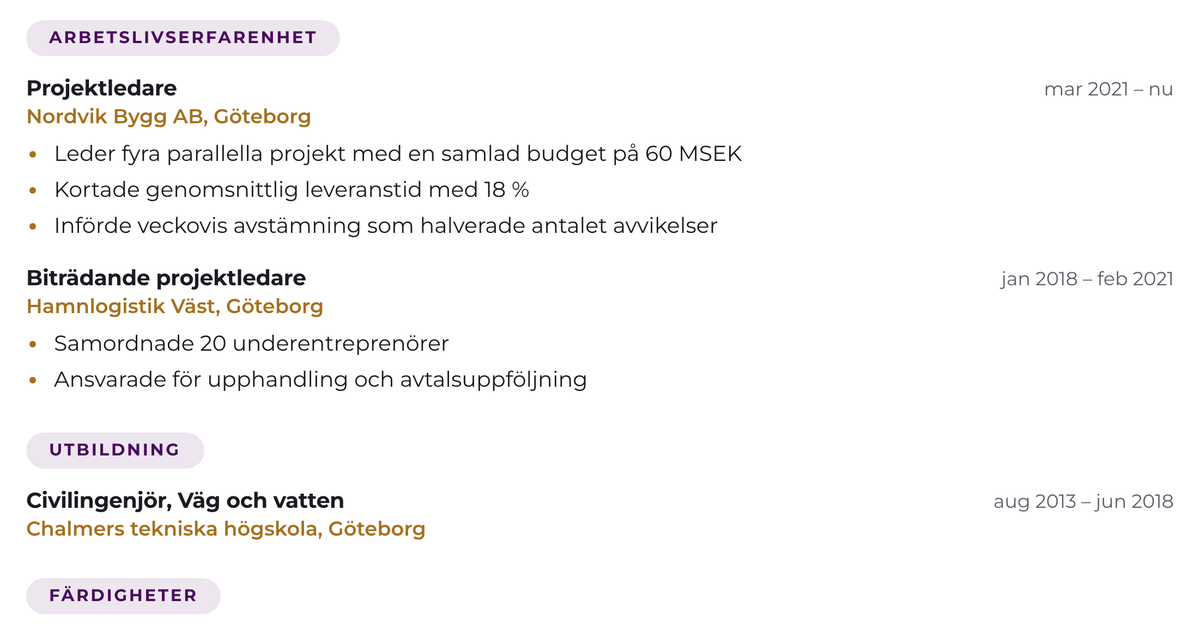 Gratis CV-mall Talea – närbild på arbetslivserfarenheten med datum, arbetsgivare och punktlistor