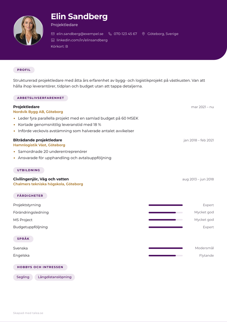 Gratis CV-mall Talea – Loggans plakettform i huvudet. Standardvalet.