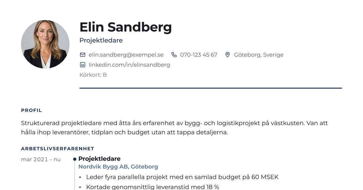 Gratis CV-mall Tidslinje – närbild på huvudet med foto, namn, yrkesroll och kontaktuppgifter