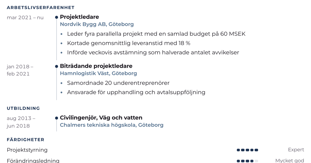 Gratis CV-mall Tidslinje – närbild på arbetslivserfarenheten med datum, arbetsgivare och punktlistor