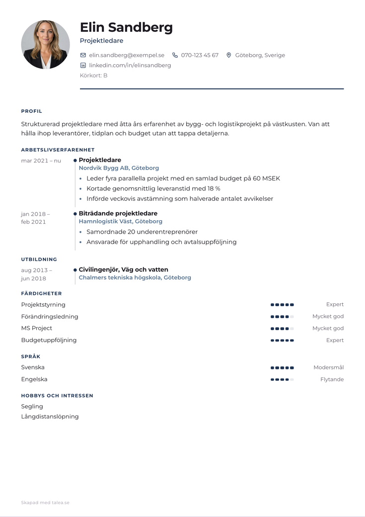 Gratis CV-mall Tidslinje – Datum i gutter. Gör många korta anställningar läsbara.