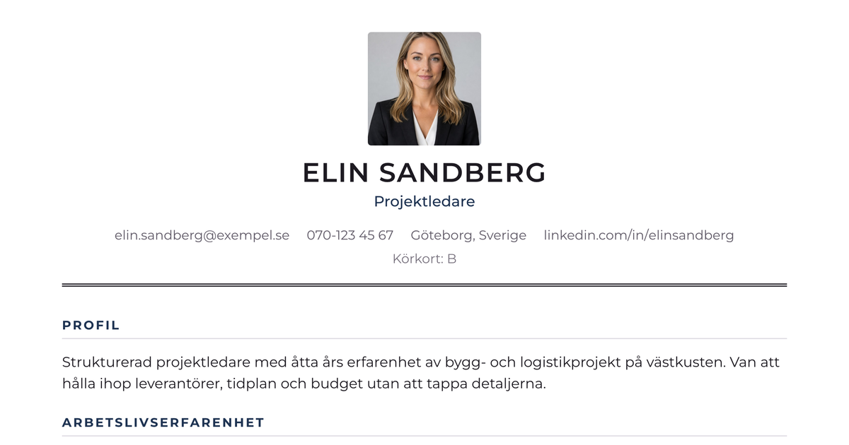 Gratis CV-mall Tradition – närbild på huvudet med foto, namn, yrkesroll och kontaktuppgifter