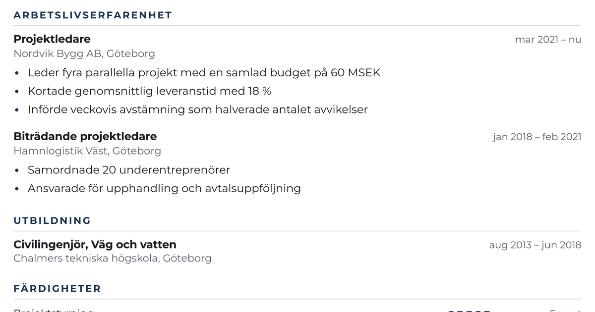 Gratis CV-mall Tradition – närbild på arbetslivserfarenheten med datum, arbetsgivare och punktlistor