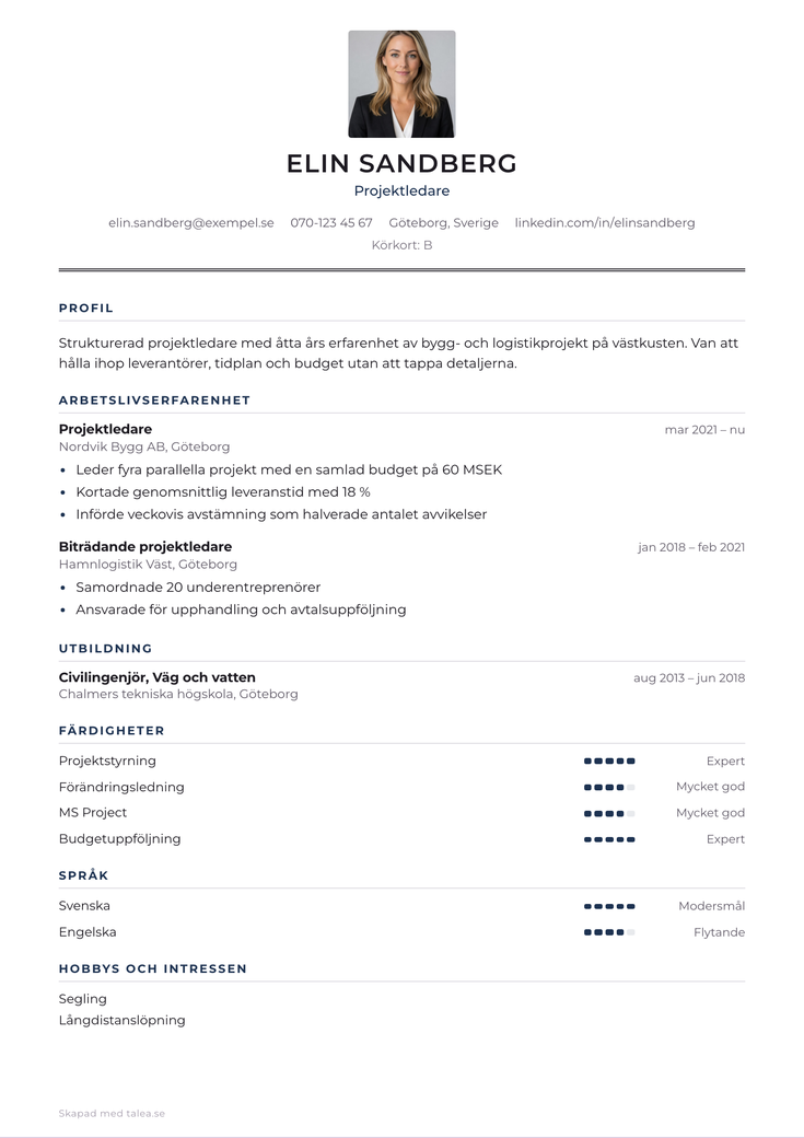 Gratis CV-mall Tradition – hela A4-sidan