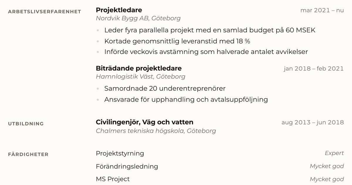 Gratis CV-mall Tryck – närbild på arbetslivserfarenheten med datum, arbetsgivare och punktlistor