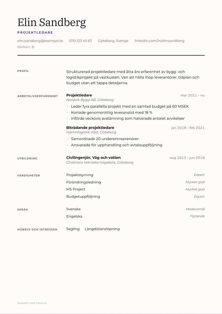 Gratis CV-mall Tryck – hela A4-sidan