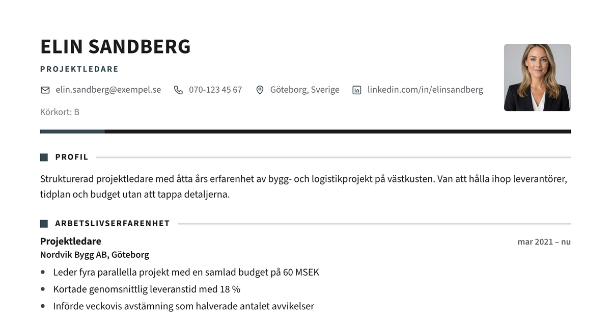Gratis CV-mall Verkstad – närbild på huvudet med foto, namn, yrkesroll och kontaktuppgifter