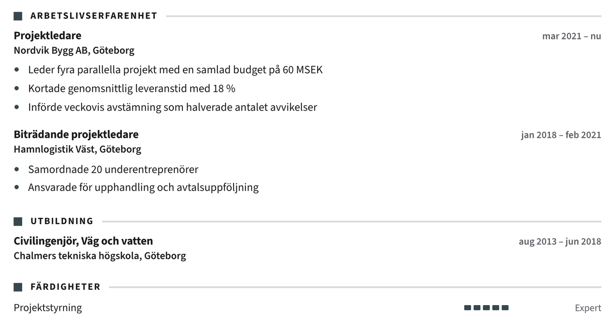 Gratis CV-mall Verkstad – närbild på arbetslivserfarenheten med datum, arbetsgivare och punktlistor