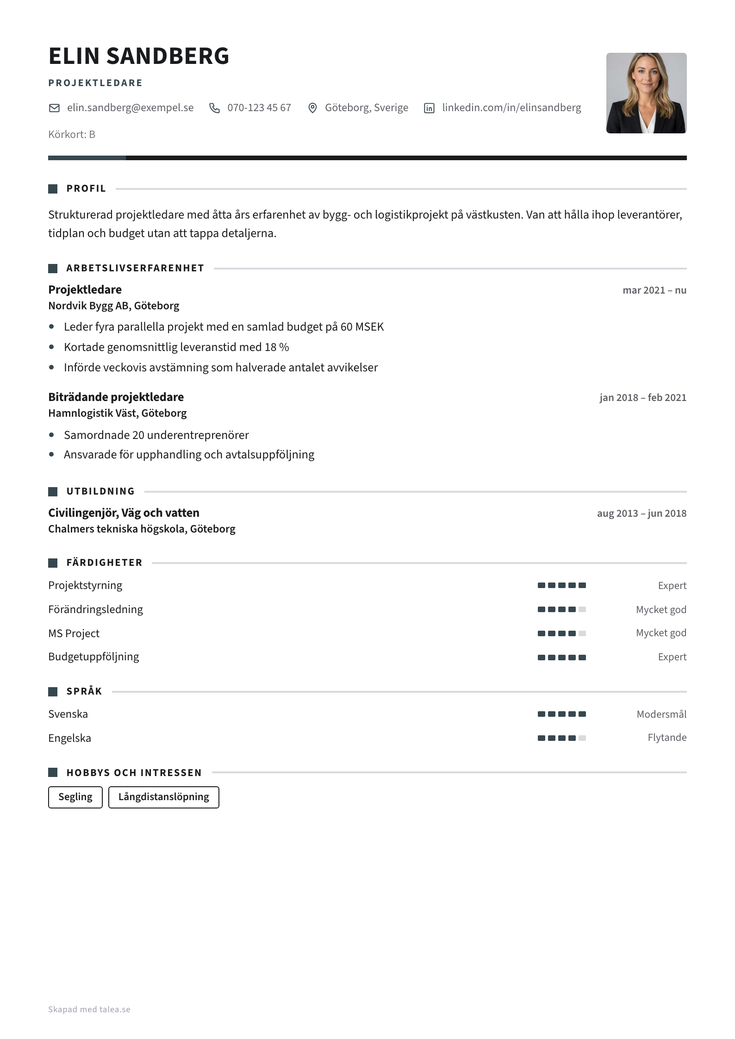 Gratis CV-mall Verkstad – Raka kanter och tung rubrik. För bygg, transport och lager.