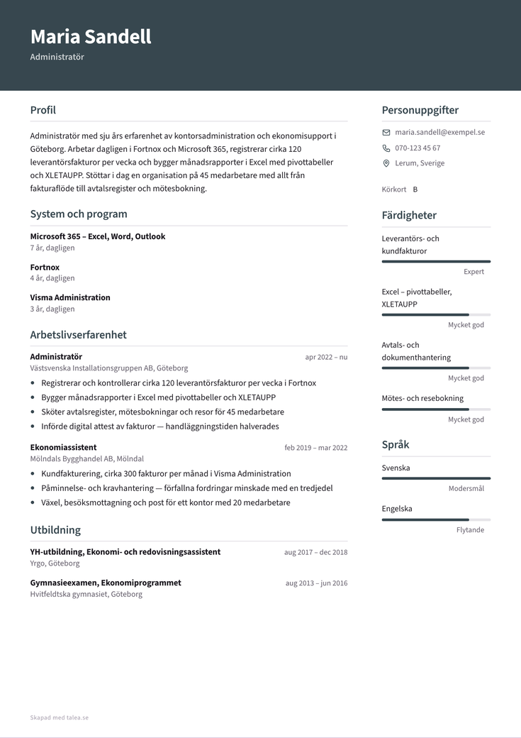 CV-exempel för administratör i mallen Professionell