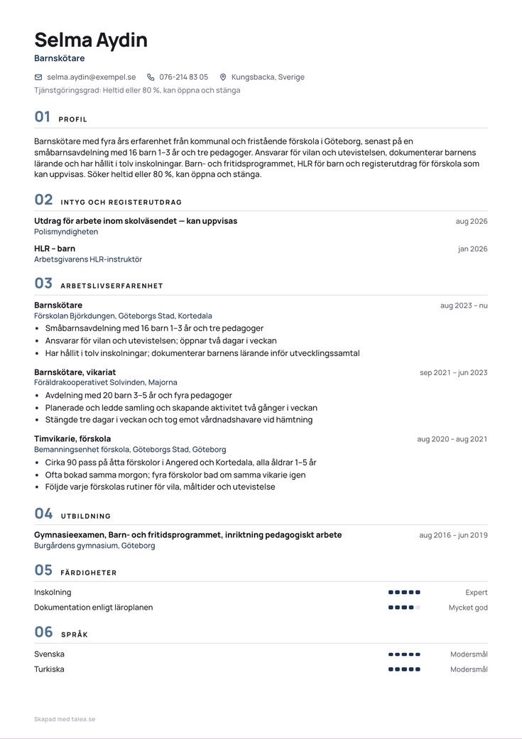 CV-exempel för barnskötare i mallen Kapitel