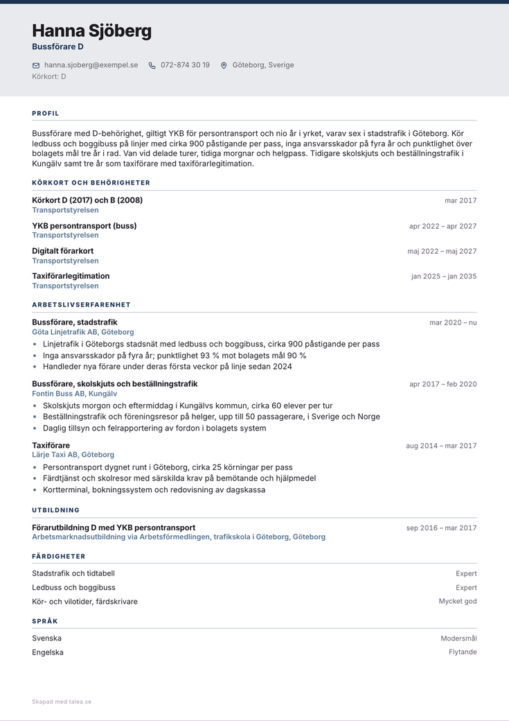 CV-exempel för bussförare i mallen Fond