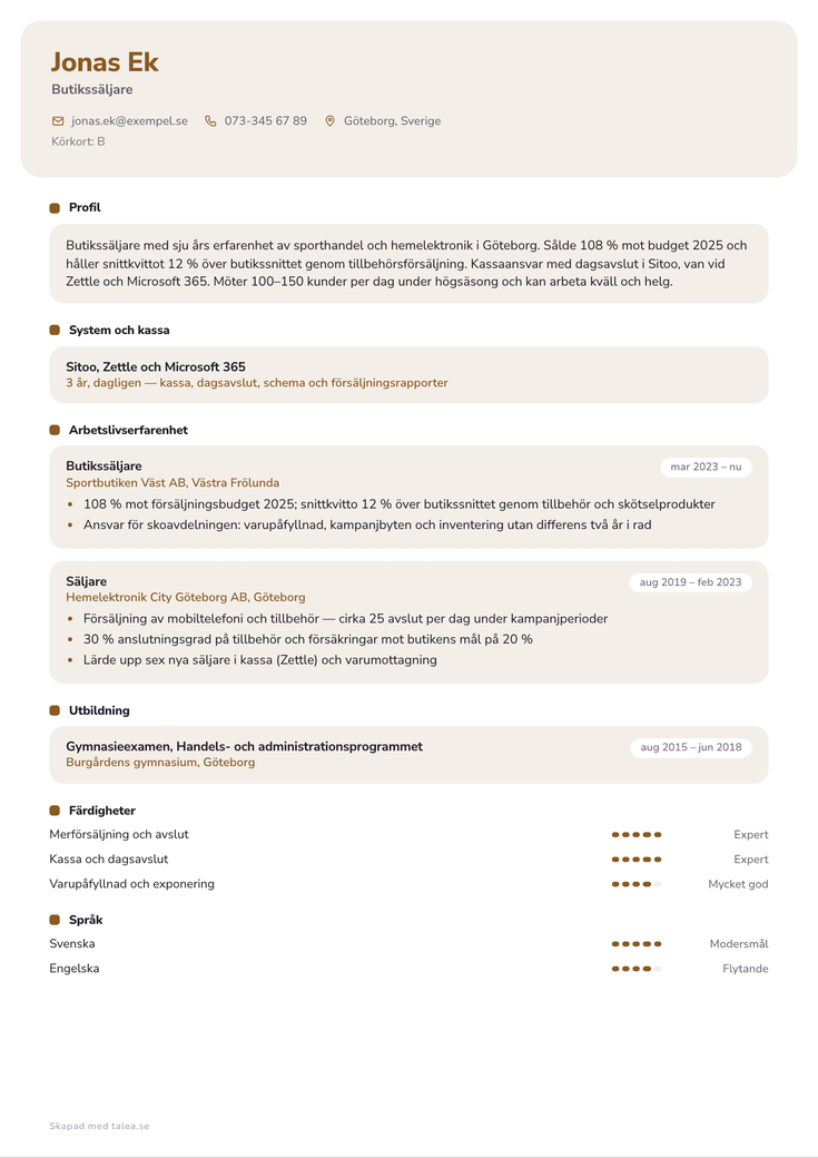 CV-exempel för butikssäljare i mallen Kort