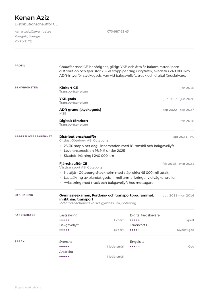 CV-exempel för chaufför i mallen Kontor