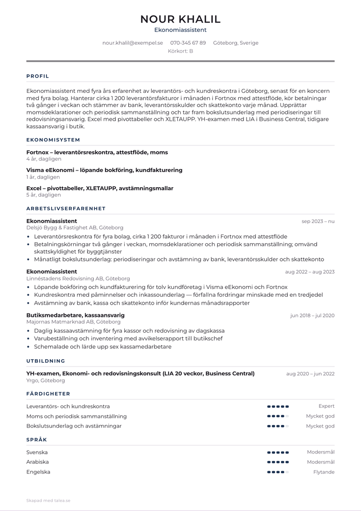 CV-exempel för ekonomiassistent i mallen Tradition