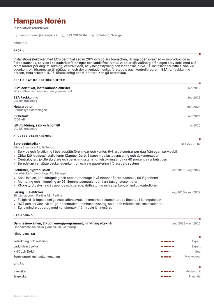 CV-exempel för elektriker i mallen Ribba