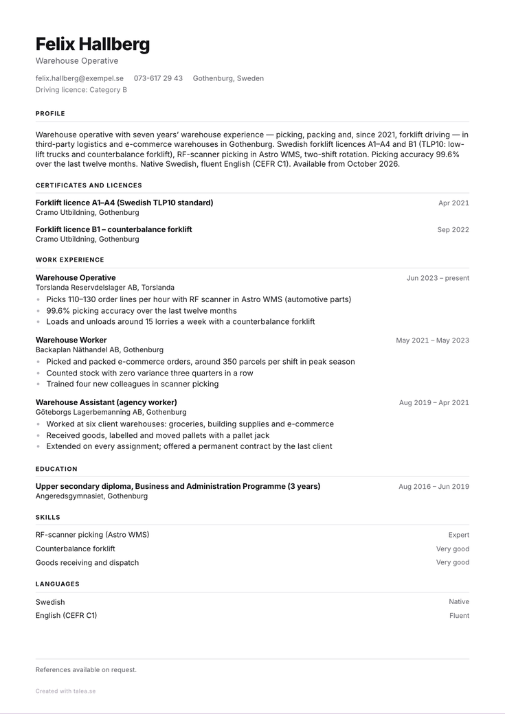 CV-exempel för lagerarbetare på engelska i mallen Klar