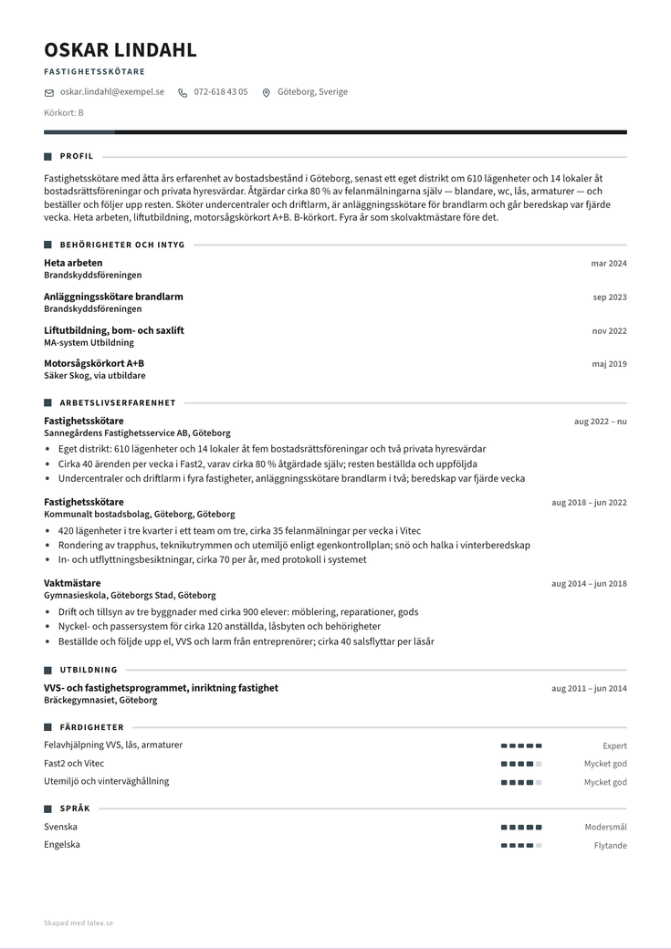 CV-exempel för fastighetsskötare i mallen Verkstad